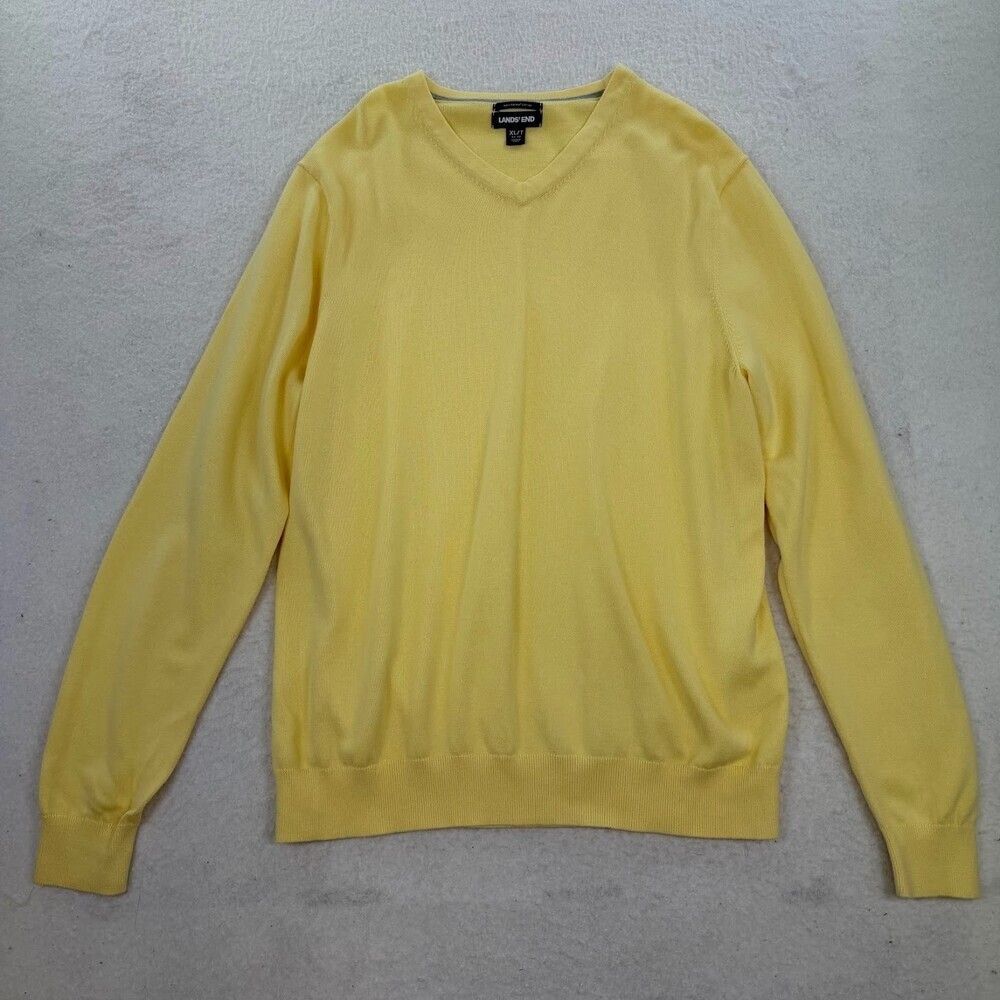 Lands End V-Neck Sweater Men's Yellow Pullover 100% Supima Cotton XLT